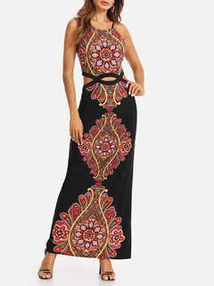 A-line Spaghetti Strap Print Maxi Dresses (Style V200527)