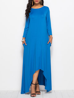 Asymmetrical Round Neck Plain Asymmetrical Maxi Dresses (Style V200534)