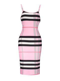 Bodycon Spaghetti Strap Plaid Backless Cotton Blends Knee Length Dresses (Style V200536)