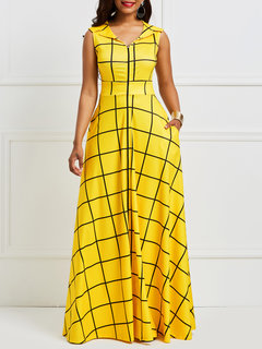 Expansion Notched Plaid Pockets Satin Maxi Dresses (Style V200542)