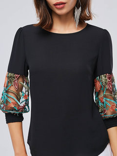 Round Neck Standard Loose Plain Polyester Blouse (Style V200543)