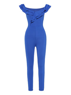 Maxi Skinny Plain Knitted Cascading Ruffle Jumpsuit (Style V200552)