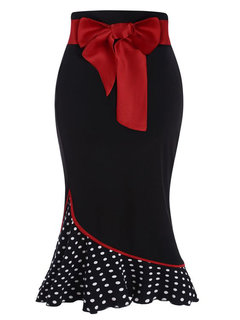 Mid-Calf Mermaid Patchwork Polka Dot Skirt (Style V200559)