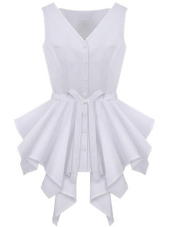 V-neck Standard Slim Plain Asymmetrical Blouse (Style V200560)