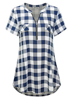 Midi Straight Plaid Polyester Blouse (Style V200565)