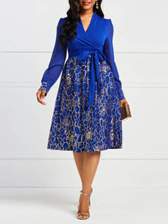 Western V-neck Floral Print Spandex Knee Length Dresses (Style V200566)