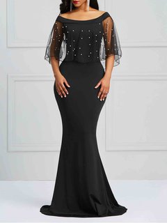 Bodycon Off The Shoulder Plain Backless Cellulose Acetate Fibre Bodycon Dresses (Style V200567)