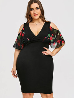 Bodycon V-neck Floral Patchwork Satin Knee Length Dresses (Style V200568)