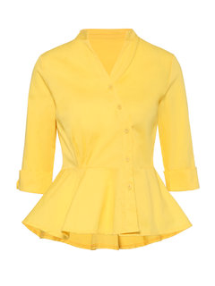 V-neck Standard Loose Plain Asymmetrical Blouse (Style V200576)