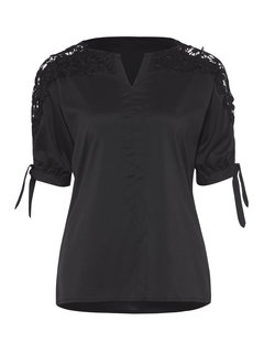 Round Neck Standard Loose Plain Ruffle Blouse (Style V200577)