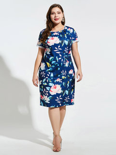Straight Round Neck Floral Patchwork Satin Knee Length Dresses (Style V200580)