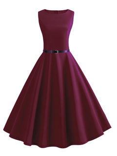 Expansion Round Neck Plain Zipper Knee Length Dresses (Style V200595)