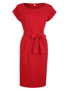 Bodycon Round Neck Plain Belt Knee Length Dresses (Style V200601)