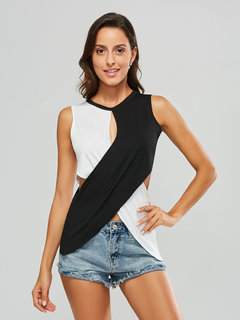 Standard Slim Color Block Cotton Blends Asymmetrical Tank Top (Style V200608)