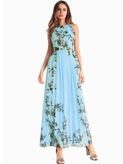 Expansion Round Neck Floral Print Maxi Dresses (Style V200612)