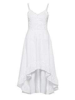 Asymmetrical Spaghetti Strap Plain Backless Cotton Maxi Dresses (Style V200613)