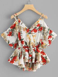 V-neck Standard Straight Floral Pattern Blouse (Style V200618)