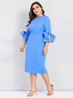 Sweet Bodycon Round Neck Plain Bow Bodycon Dresses (Style V200619)