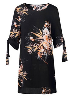 Western Straight Round Neck Floral Print Mini Dresses (Style V200628)