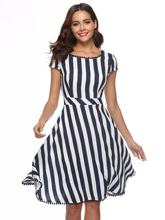 Western A-line Round Neck Striped Knee Length Dresses (Style V200635)