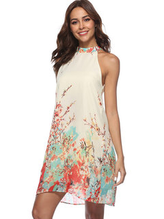 Western A-line Stand Collar Floral Print Mini Dresses (Style V200639)