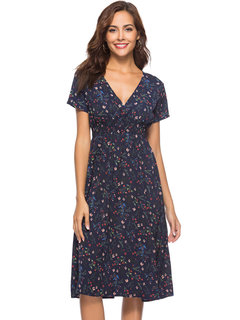 Western A-line V-neck Floral Print Knee Length Dresses (Style V200640)