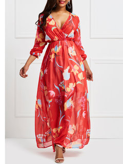 Expansion V-neck Floral Print Maxi Dresses (Style V200653)
