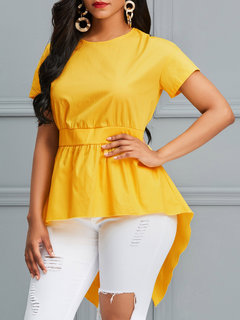 Round Neck Midi Slim Sweet Polyester Blouse (Style V200658)