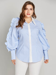 Polo Neck Midi Slim Office Patchwork Blouse (Style V200662)