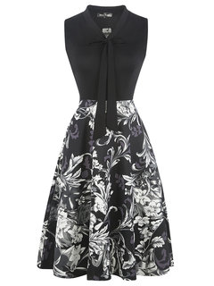 Office Trumpet Bow Collar Floral Patchwork Work Dresses (Style V200663)