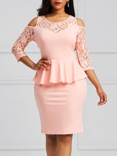 Sweet Bodycon Round Neck Plain Patchwork Knee Length Dresses (Style V200666)