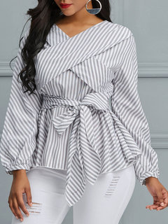 Standard Slim England Striped Patchwork Blouse (Style V200667)