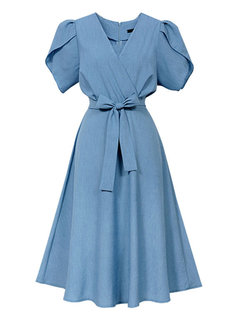 Date Night Expansion V-neck Plain Belt Midi Dresses (Style V200685)