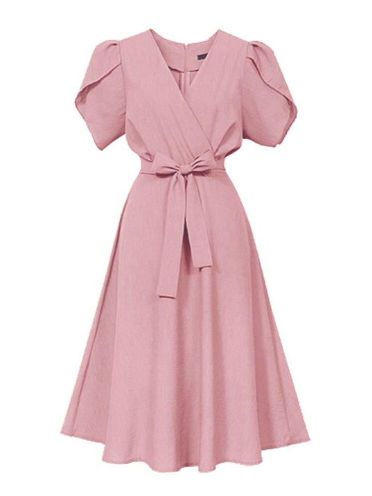 Pink Date Night Expansion V-neck Plain Belt Midi Dresses (Style V200685 ...