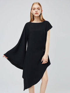 Asymmetrical Round Neck Plain Asymmetrical Polyester Knee Length Dresses (Style V200686)