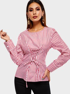 Round Neck Standard Striped Polyester Strappy Blouse (Style V200687)