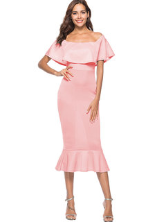 Elegant Mermaid Off The Shoulder Plain Cascading Ruffle Midi Dresses (Style V200708)