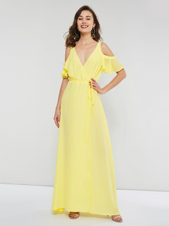 Expansion V-neck Plain Ruffle Chiffon Maxi Dresses (Style V200715)