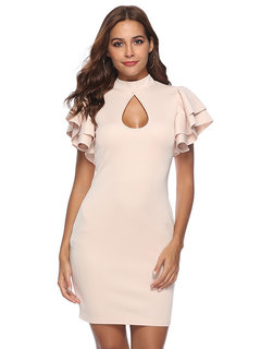 Date Night Bodycon Stand Collar Plain Cascading Ruffle Bodycon Dresses (Style V200718)