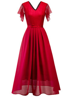 Vintage A-line V-neck Patchwork Maxi Dresses (Style V200720)