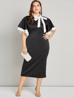 Ladylike Pencil Bow Collar Patchwork Polyester Work Dresses (Style V200721)