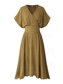 Vintage Expansion V-neck Plain Midi Dresses (Style V200729)