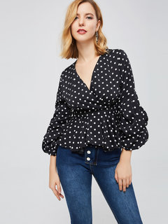 V-neck Short Sweet Polka Dot Wavy Edge Blouse (Style V200730)