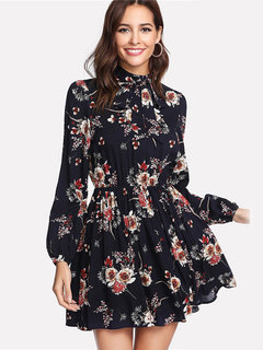 Travel Look A-line Stand Collar Floral Print Mini Dresses (Style V200735)