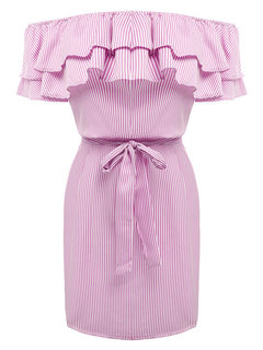 Date Night Bodycon Off The Shoulder Striped Cascading Ruffle Bodycon Dresses (Style V200738)