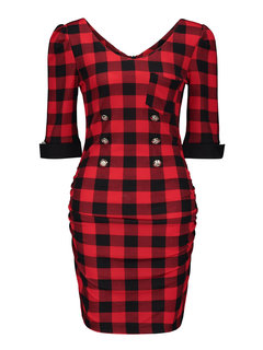 Sexy Sheath V-neck Plaid Patchwork Mini Dresses (Style V200741)