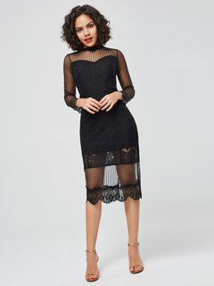 Date Night Sheath Stand Collar Plain Patchwork Midi Dresses (Style V200742)