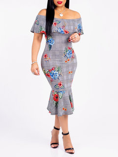 Sexy Mermaid Off The Shoulder Striped Cotton Blends Floral Dresses (Style V200745)