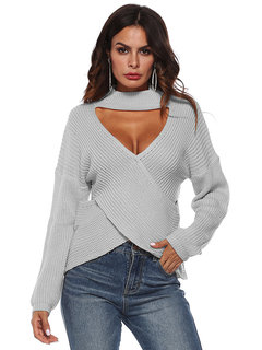 Stand Collar Standard Slim Plain Hollow Out Sweater (Style V200748)