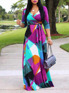 England Expansion V-neck Print Milk Fiber Maxi Dresses (Style V200757)